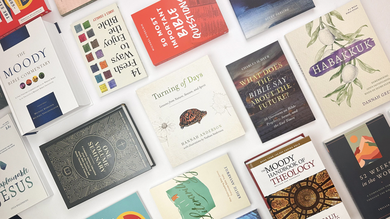 A flat lay of Christian books from Moody Publishers.